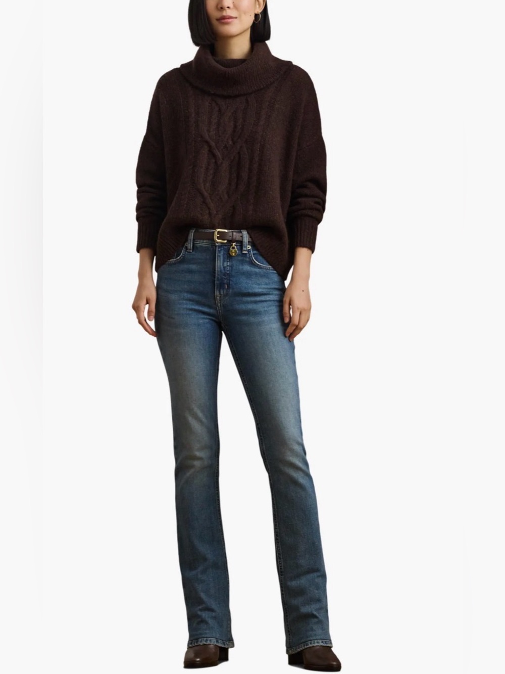 RALPH LAUREN | Brown Wool Blend Turtleneck Aran Knit Size Large - Picture 7 of 17